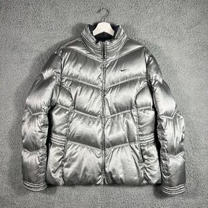 Nike Coat Women's XL Silver Duck Down Feather Filled Puffer Jacket Vintage Y2K